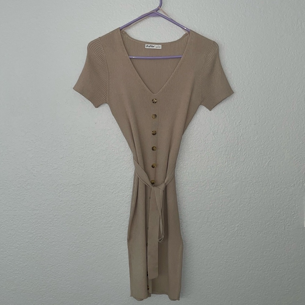 Size M V-Neck Beige Dress with Slits on both sides of dress. 
Brand: Aster